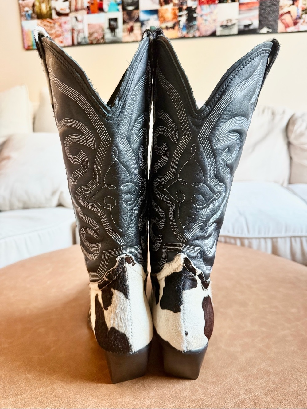 NWOT Steve Madden West Black White Pull On Block Heel Cowhide Cowboy Boot - Picture 5 of 12